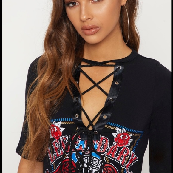 PLT Black Lace Up T Shirt Dress - Picture 3 of 5